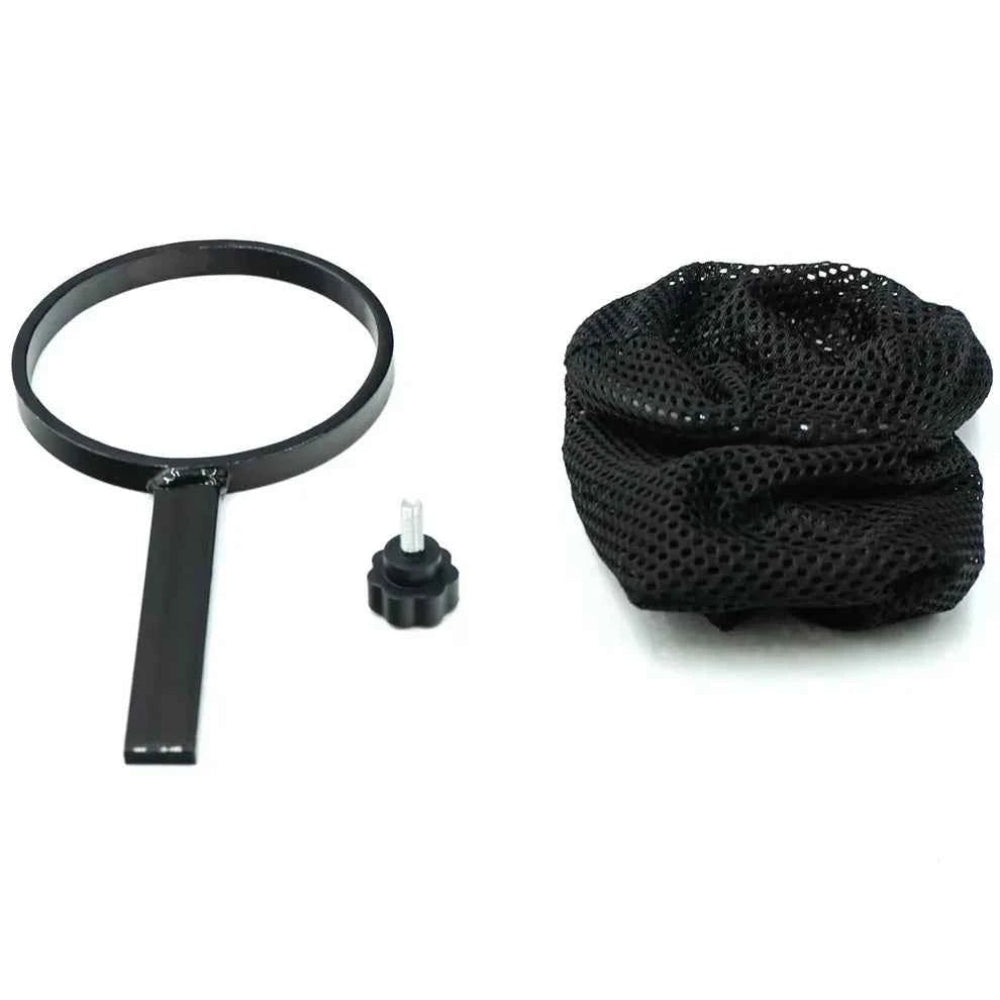 Unassembled parts of the Travel Buggy AEROLUX cup holder including the mounting ring, knob, and flexible mesh bag.